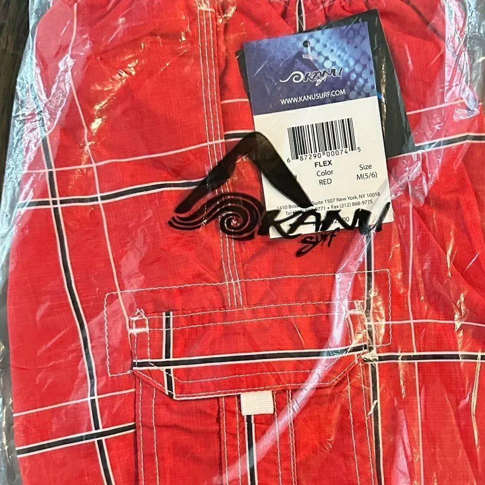 NWT KANU Surf Boys Board Shorts Swim Trunks Red Black Plaid - Size Medium 5/6